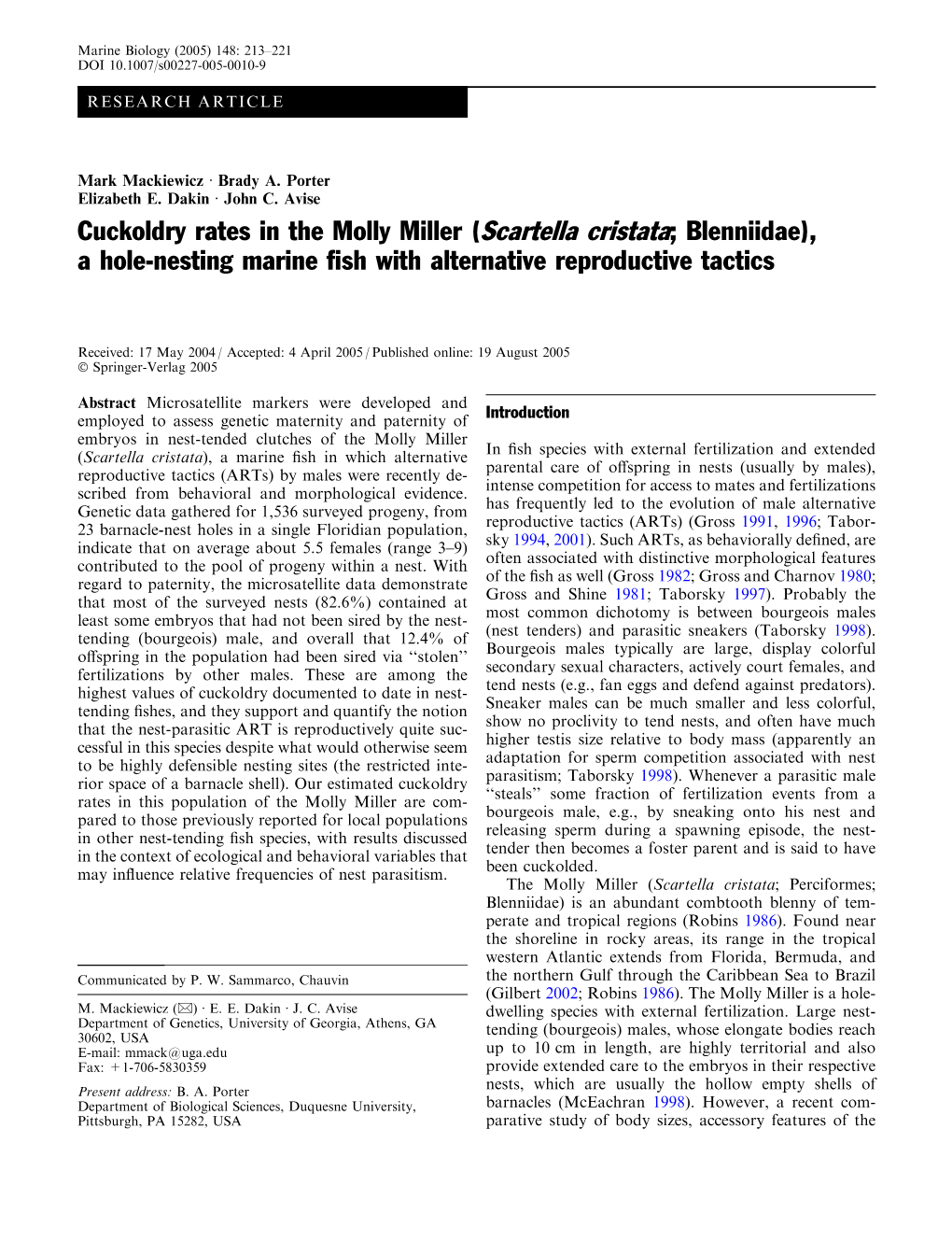 Cuckoldry Rates in the Molly Miller (Scartella Cristata; Blenniidae), a Hole-Nesting Marine ﬁsh with Alternative Reproductive Tactics