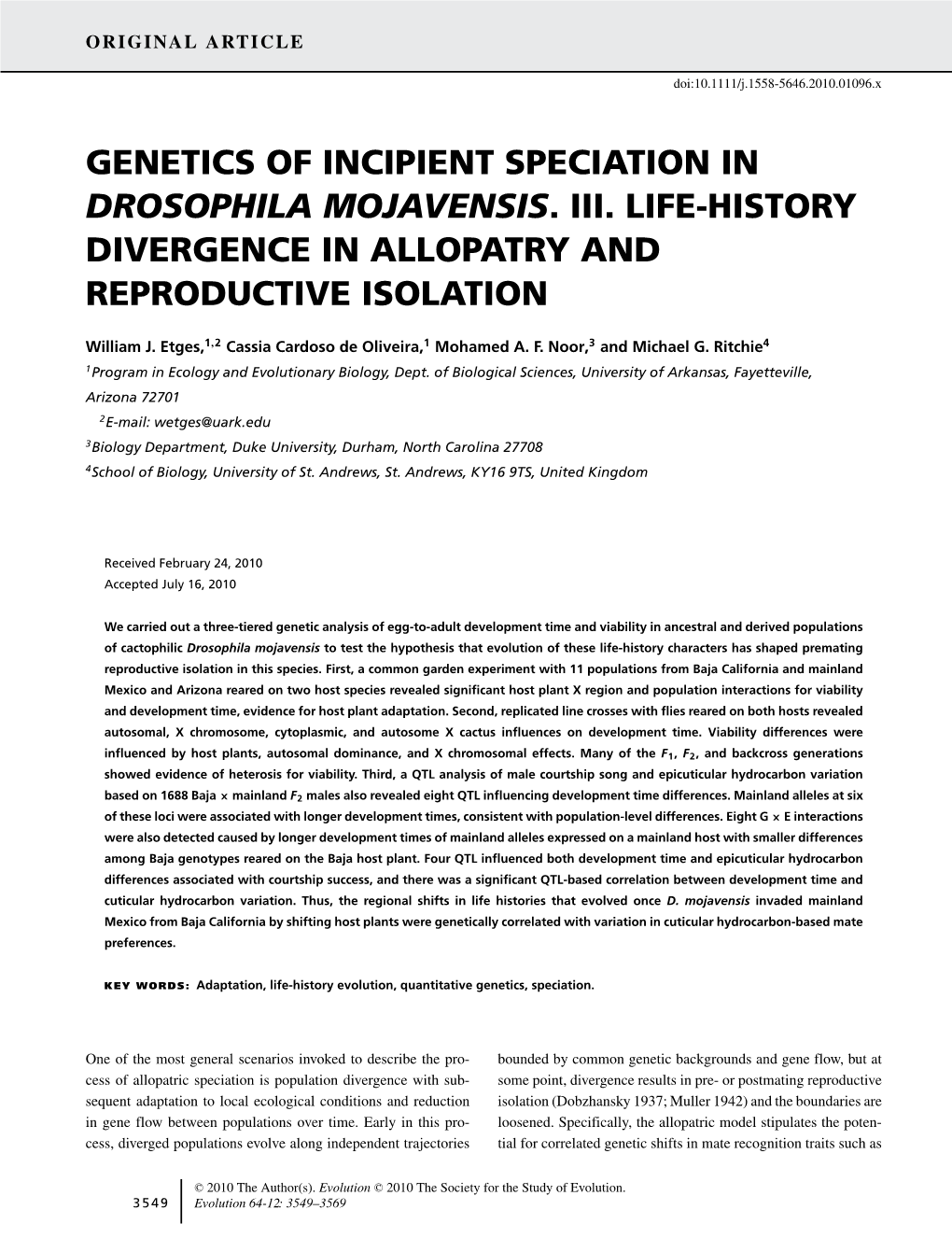 Genetics of Incipient Speciation in Drosophila Mojavensis