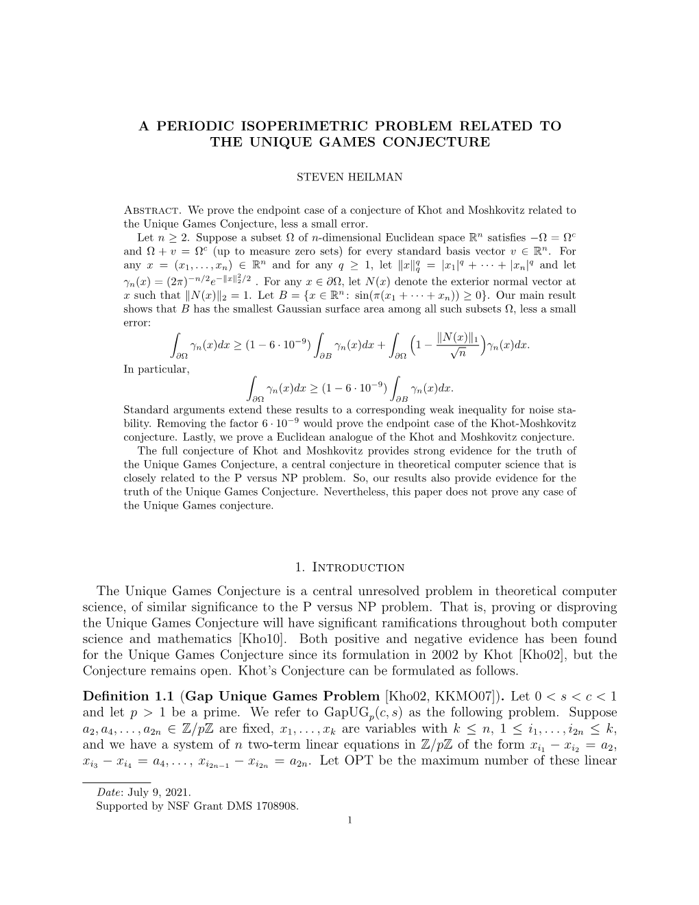 A Periodic Isoperimetric Problem Related to the Unique Games Conjecture