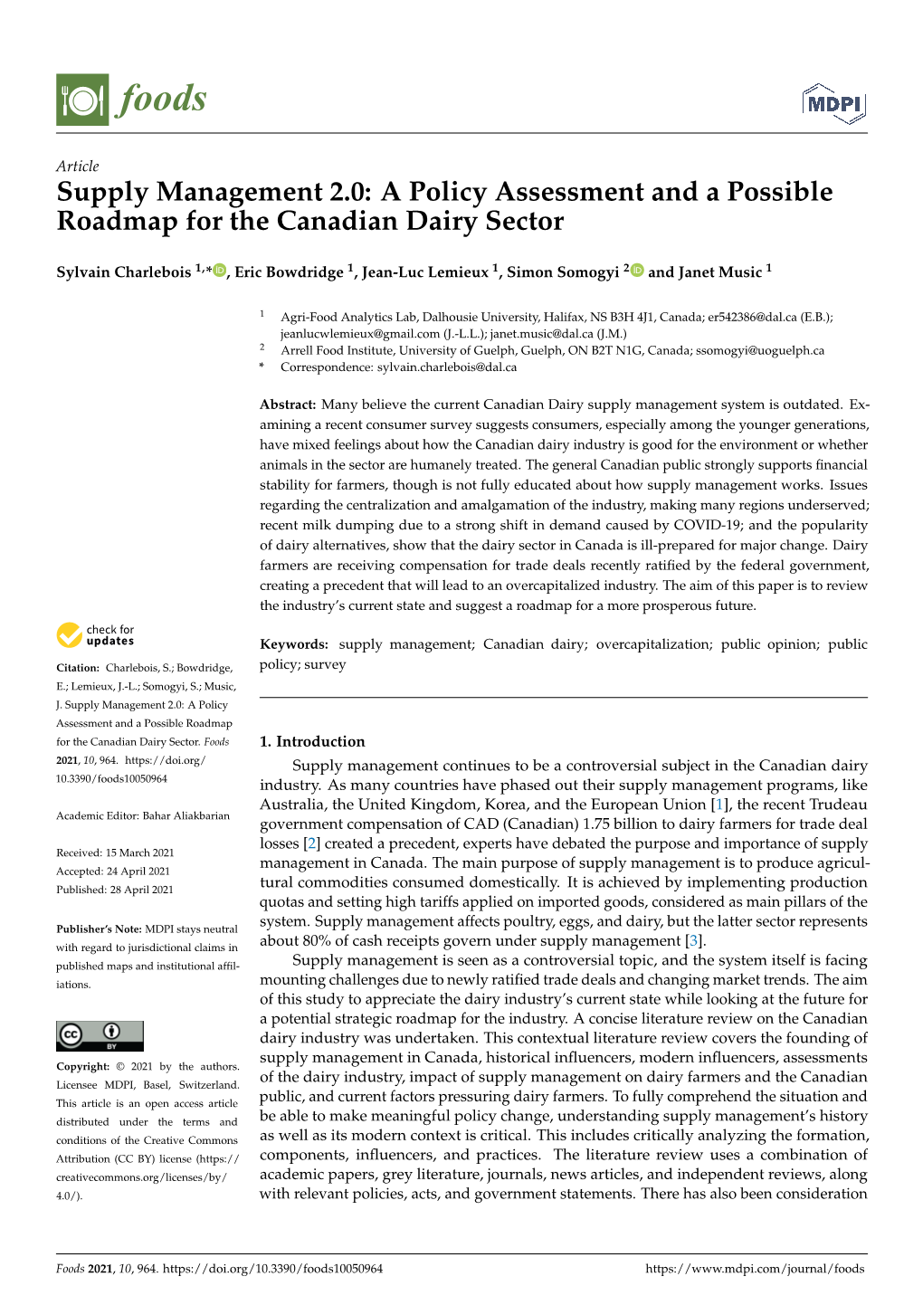 Supply Management 2.0: a Policy Assessment and a Possible Roadmap for the Canadian Dairy Sector