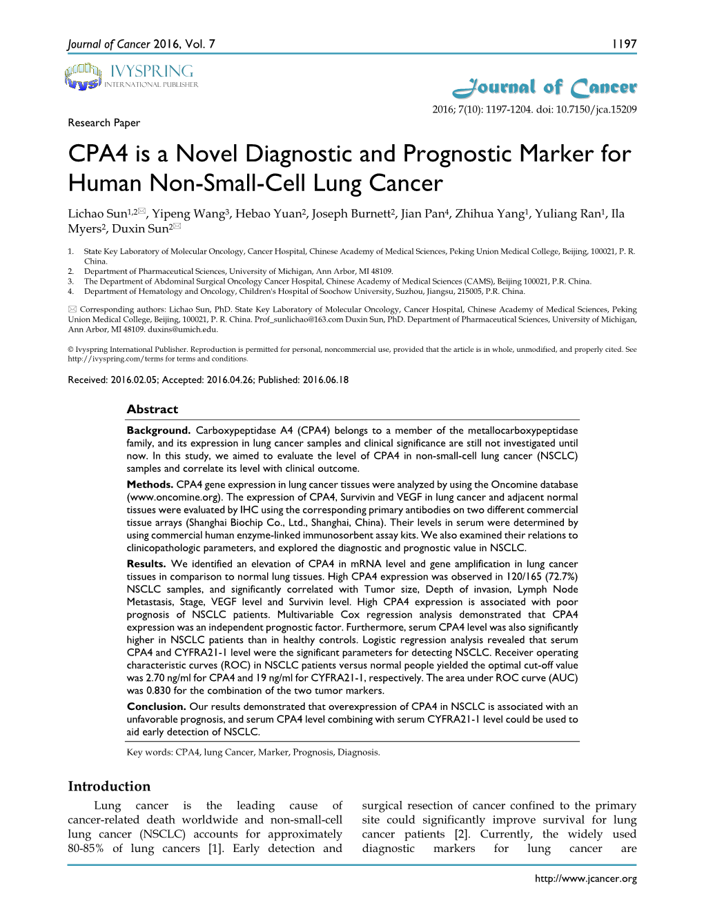 CPA4 Is a Novel Diagnostic and Prognostic Marker for Human Non-Small-Cell Lung Cancer