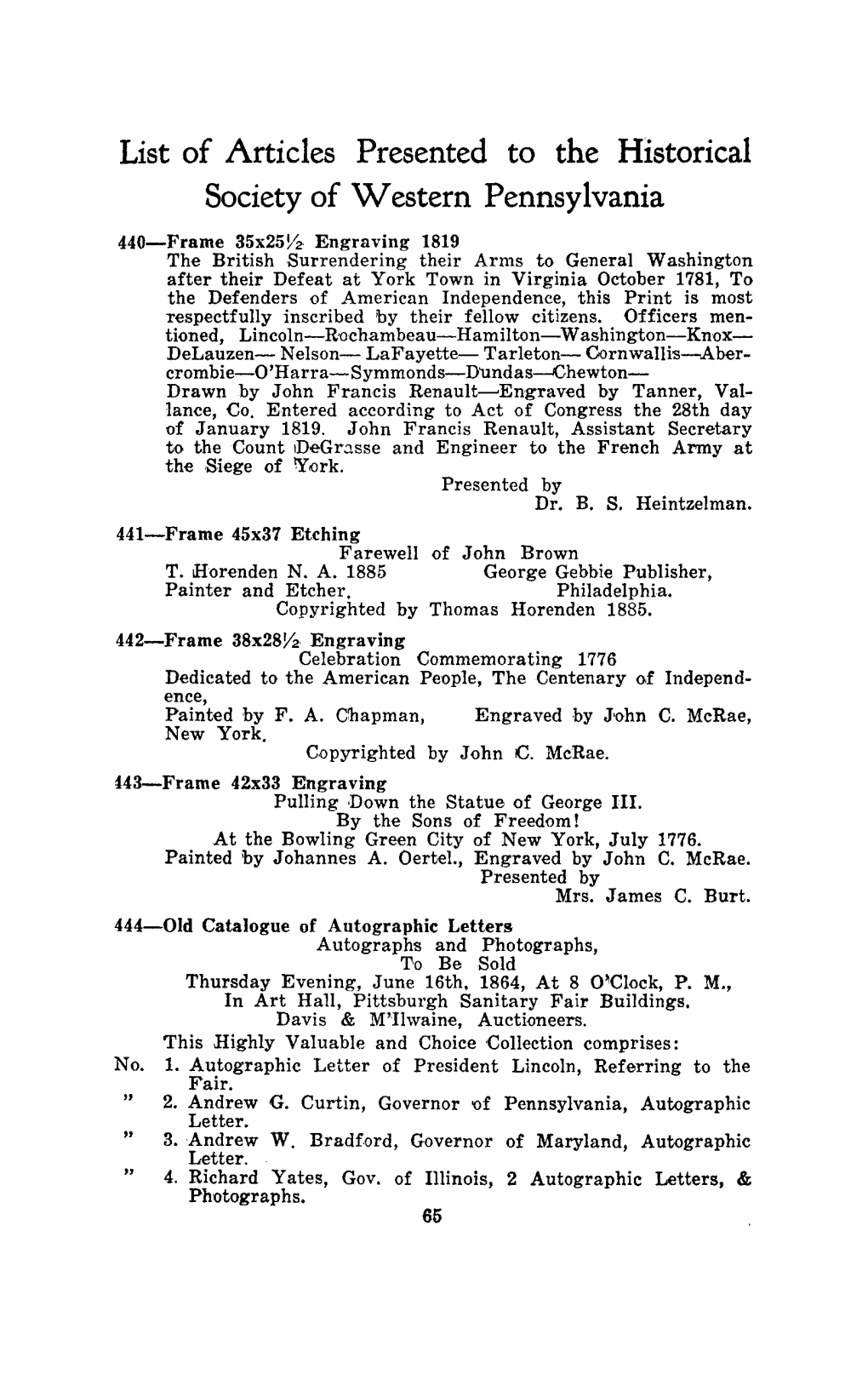 List of Articles Presented to the Historical Society of Western