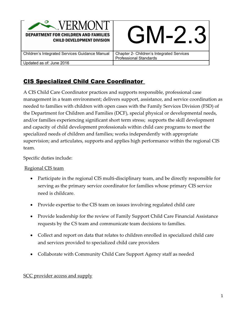 CIS Specialized Child Care Coordinator