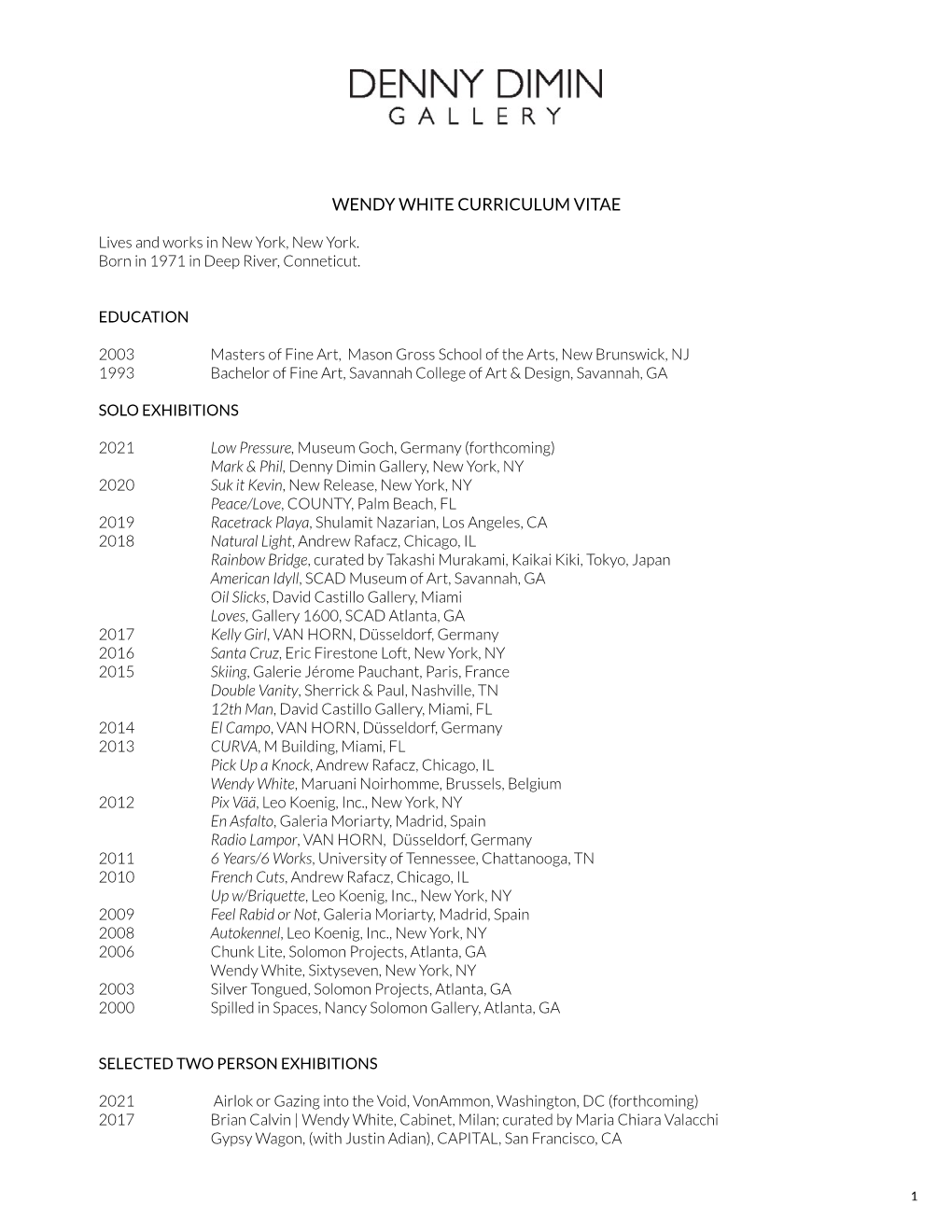 Wendy White Curriculum Vitae