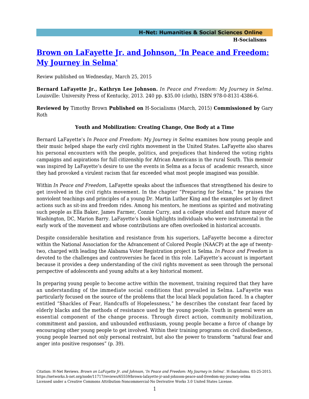 Brown on Lafayette Jr. and Johnson, 'In Peace and Freedom: My Journey in Selma'