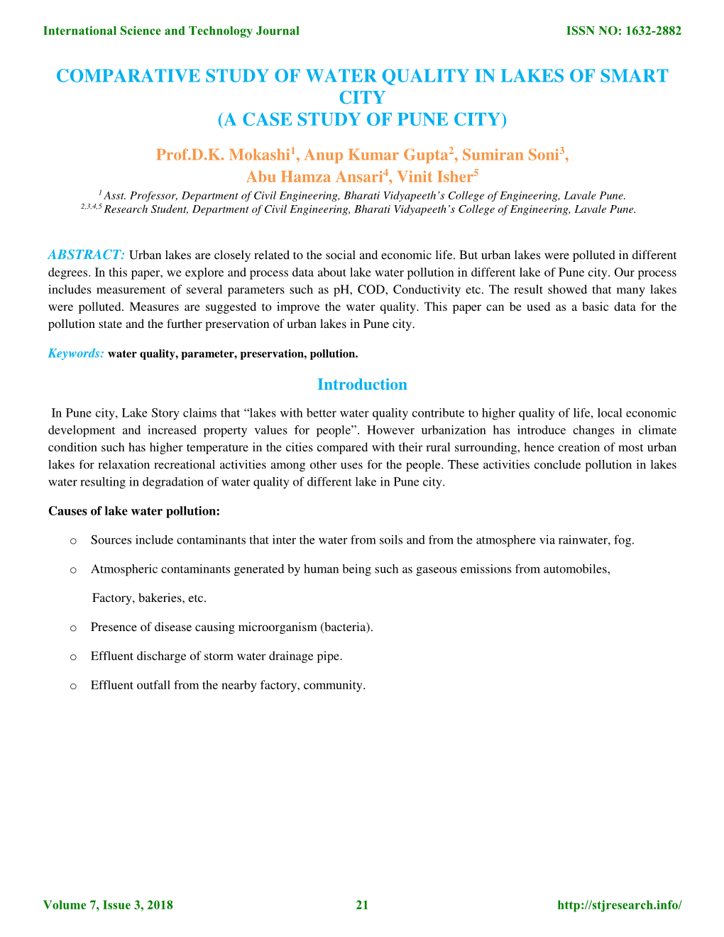 Comparative Study of Water Quality in Lakes of Smart City (A Case Study of Pune City)