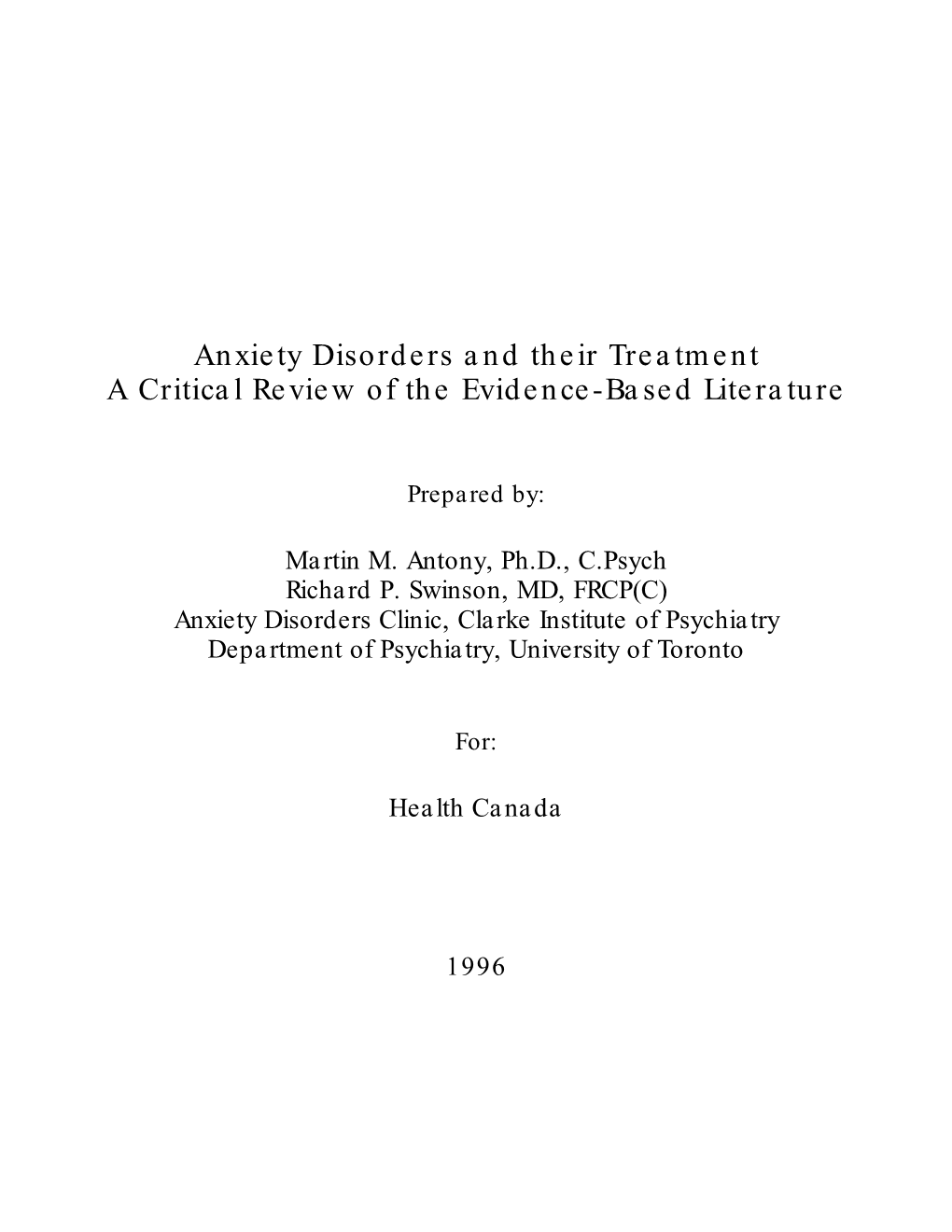 Anxiety Disorders and Their Treatment a Critical Review of the Evidence-Based Literature