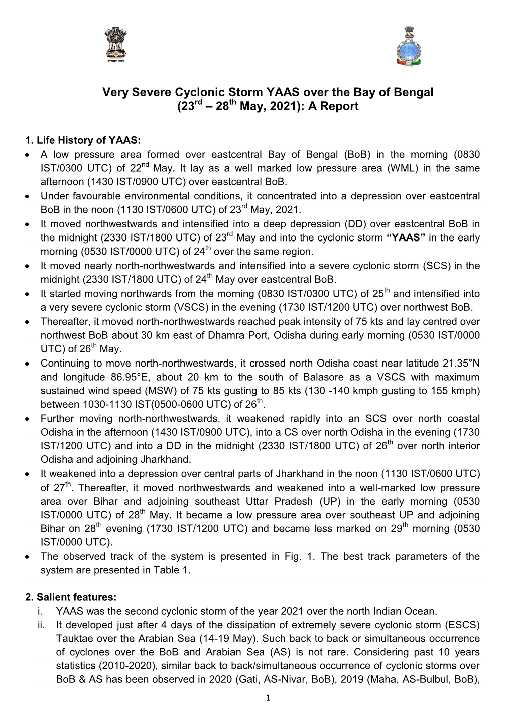 Very Severe Cyclonic Storm YAAS Over the Bay of Bengal (23 Rd – 28Th May, 2021): a Report