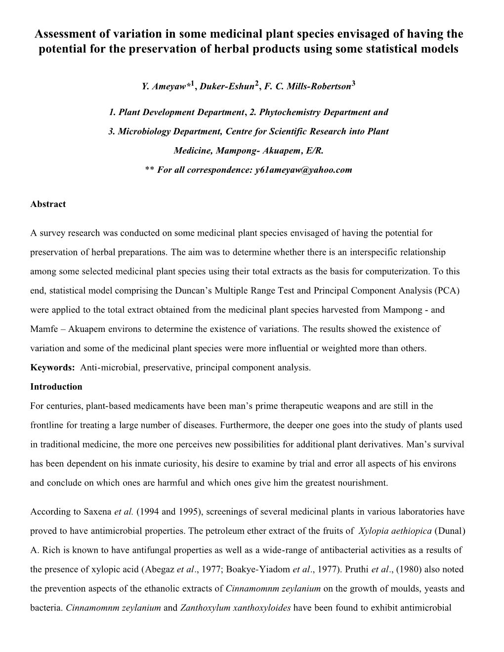 Assessment of Variation in Some Medicinal Plant Species Envisaged of Having the Potential for the Preservation of Herbal Products Using Some Statistical Models