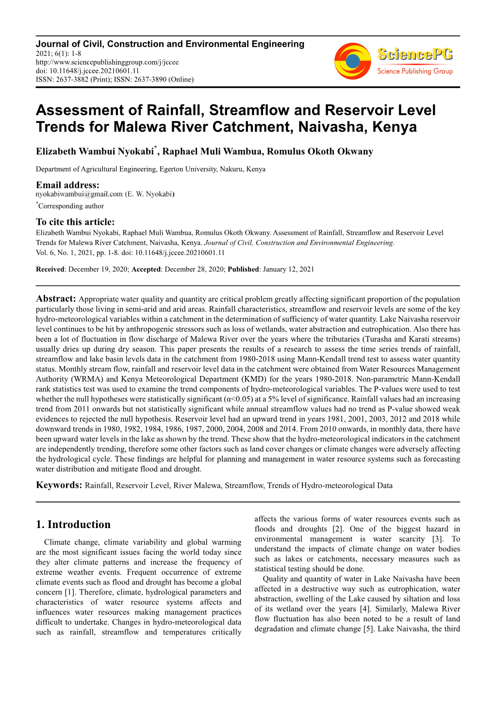 Assessment of Rainfall, Streamflow and Reservoir Level Trends for Malewa River Catchment, Naivasha, Kenya