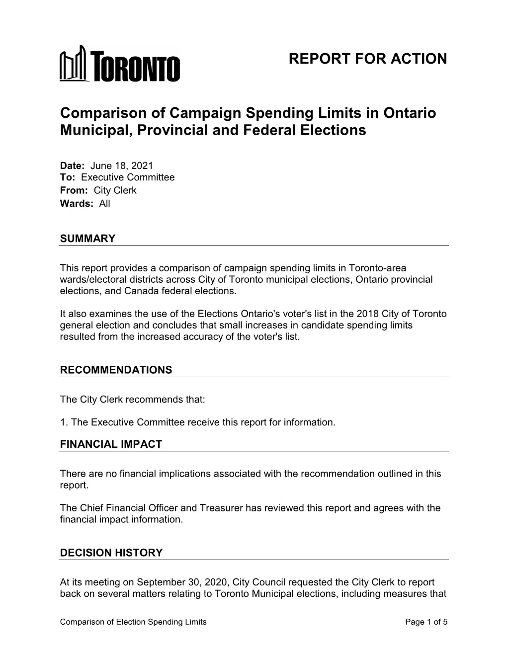 Comparison of Campaign Spending Limits in Ontario Municipal, Provincial and Federal Elections