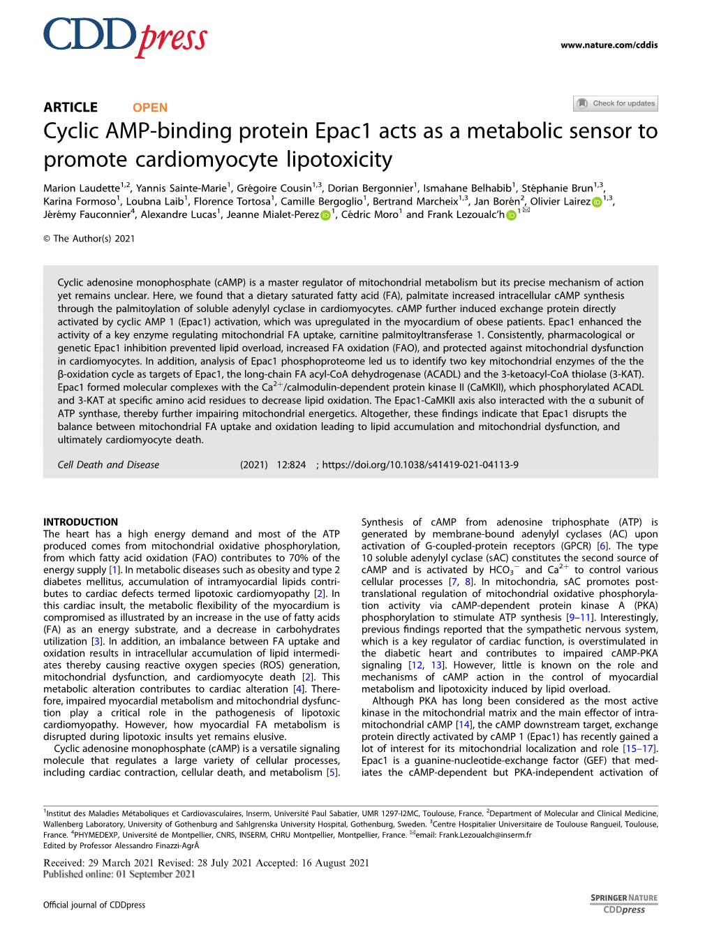 Cyclic AMP-Binding Protein Epac1 Acts As a Metabolic Sensor to Promote Cardiomyocyte Lipotoxicity