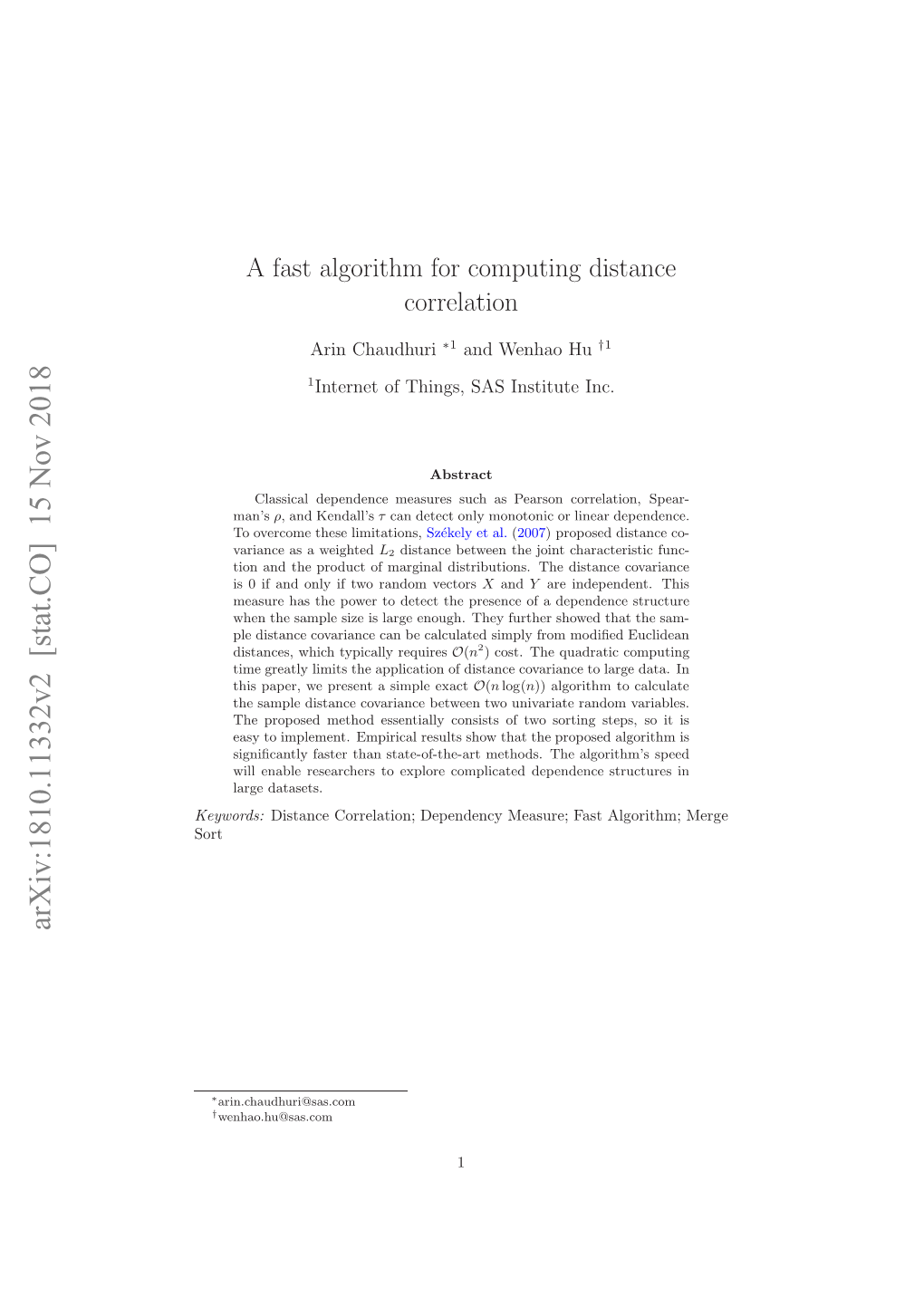 A Fast Algorithm for Computing Distance Correlation
