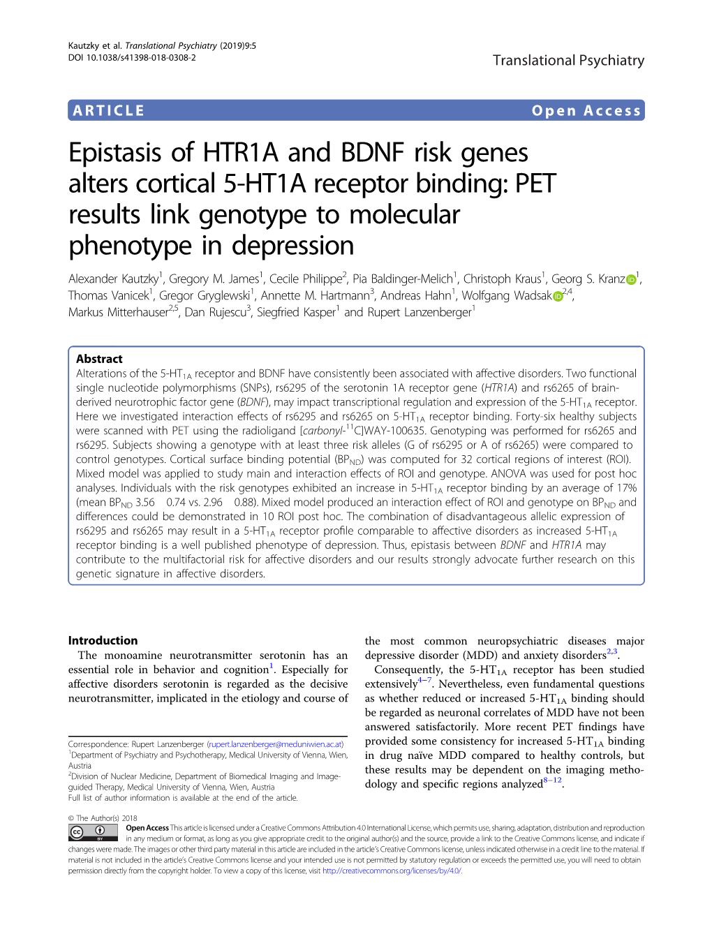 Epistasis of HTR1A and BDNF Risk Genes Alters Cortical 5