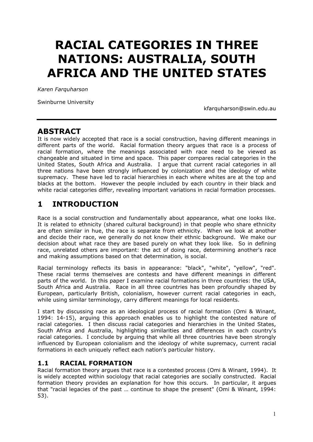 Racial Categories in Three Nations: Australia, South Africa and the United States