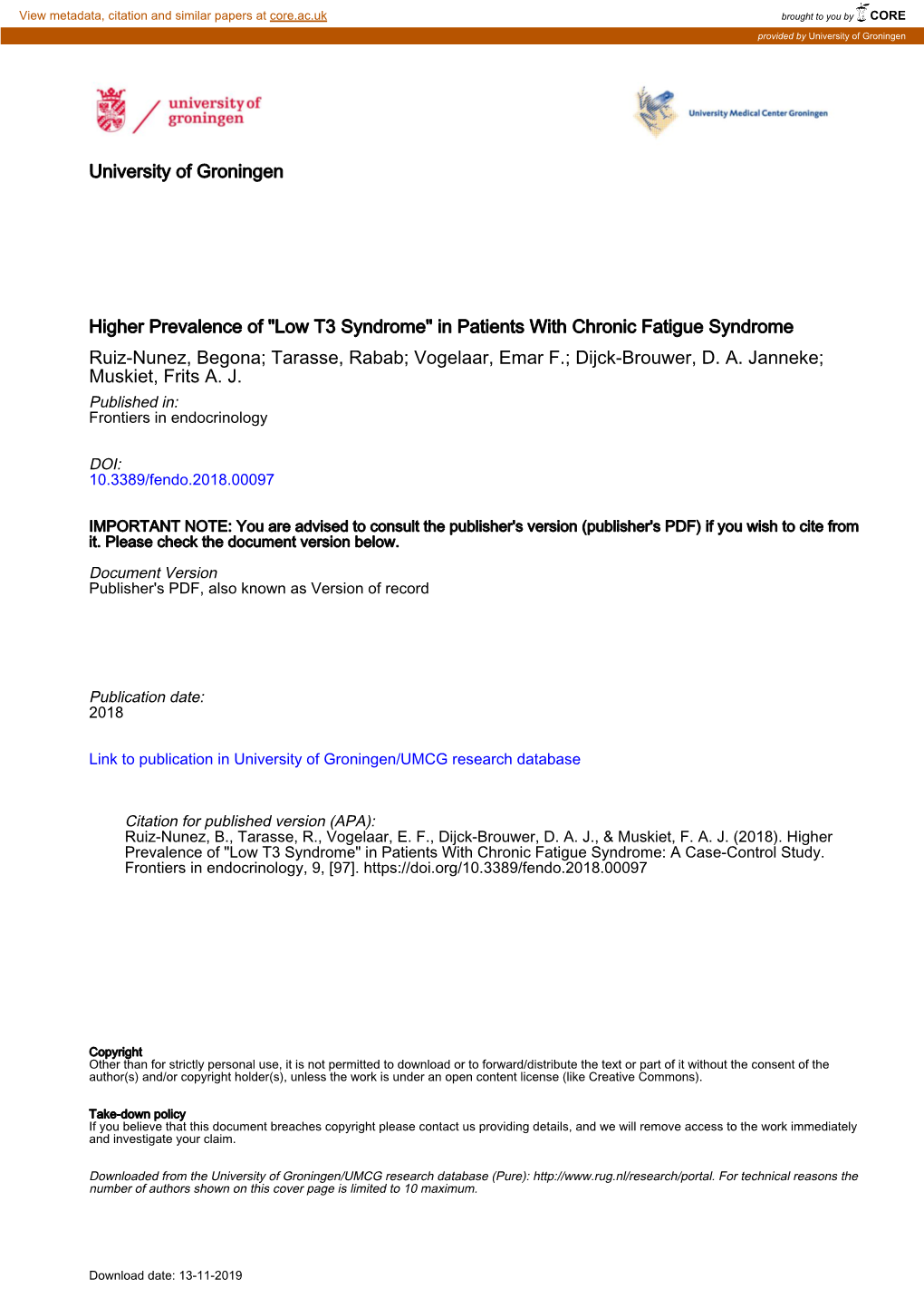 In Patients with Chronic Fatigue Syndrome Ruiz-Nunez, Begona; Tarasse, Rabab; Vogelaar, Emar F.; Dijck-Brouwer, D