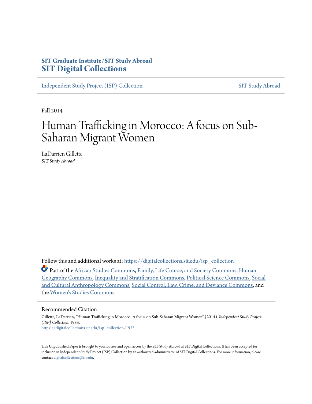 Human Trafficking in Morocco: a Focus on Sub- Saharan Migrant Women Ladarrien Gillette SIT Study Abroad