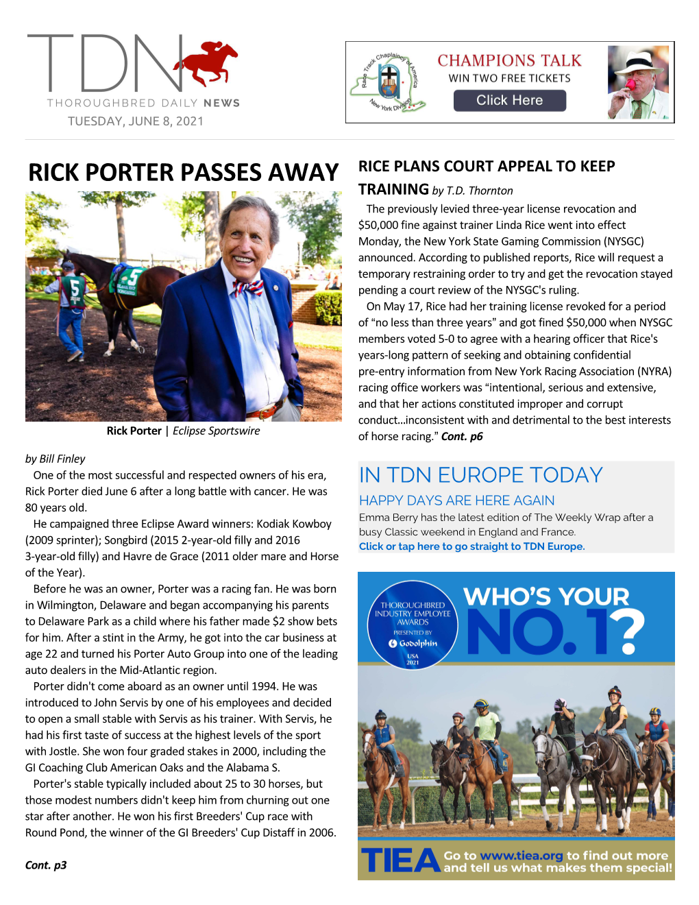 RICK PORTER PASSES AWAY RICE PLANS COURT APPEAL to KEEP TRAINING by T.D