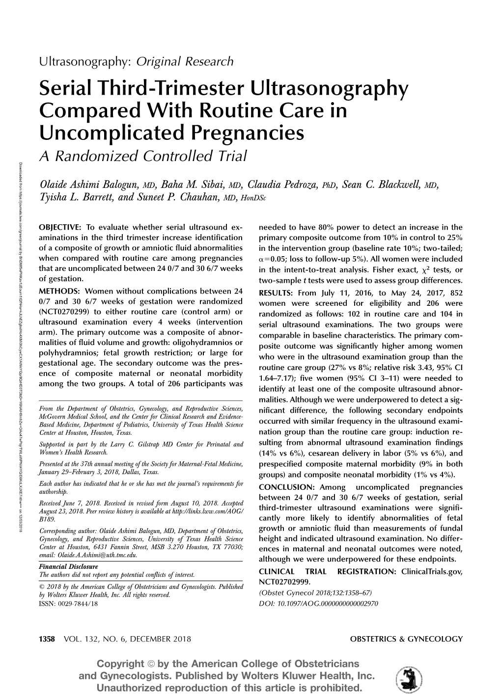 Serial Third-Trimester Ultrasonography Compared with Routine Care in Ultrasonography