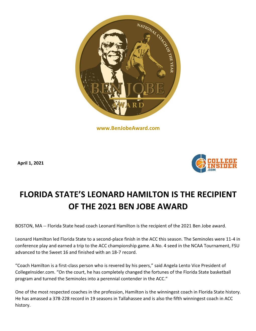 Florida State's Leonard Hamilton Is the Recipient Of