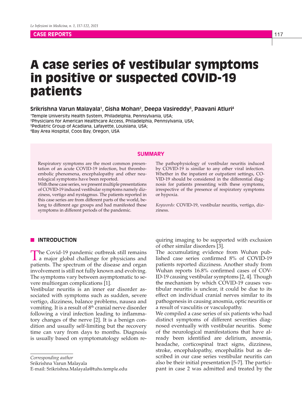 A Case Series of Vestibular Symptoms in Positive Or Suspected COVID-19 Patients