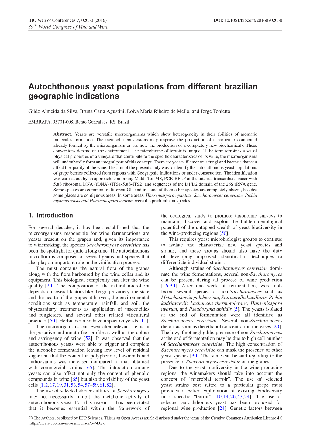 Autochthonous Yeast Populations from Different Brazilian Geographic Indications