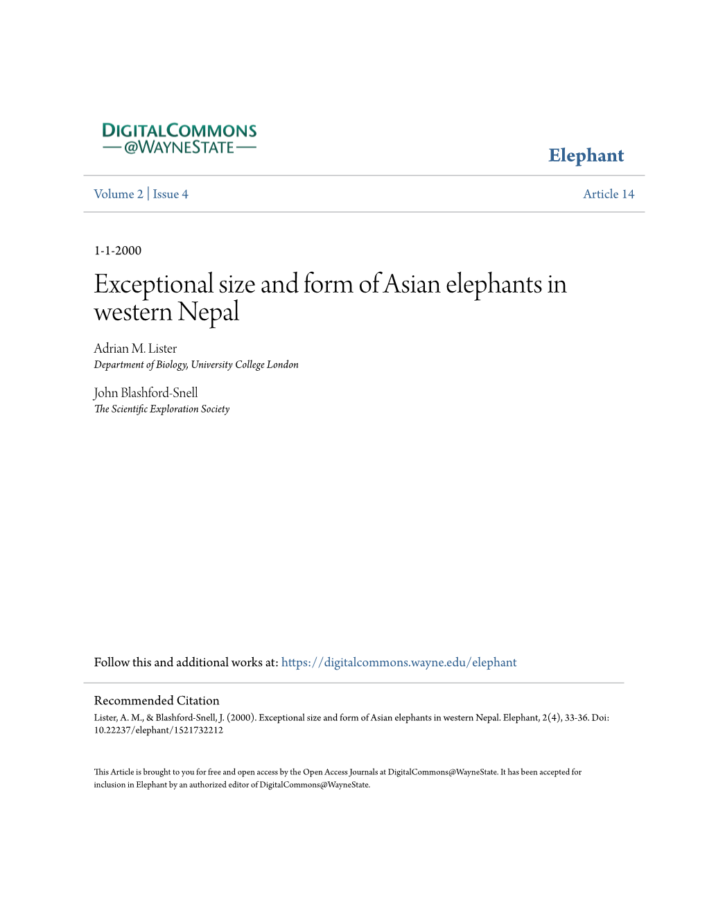 Exceptional Size and Form of Asian Elephants in Western Nepal Adrian M
