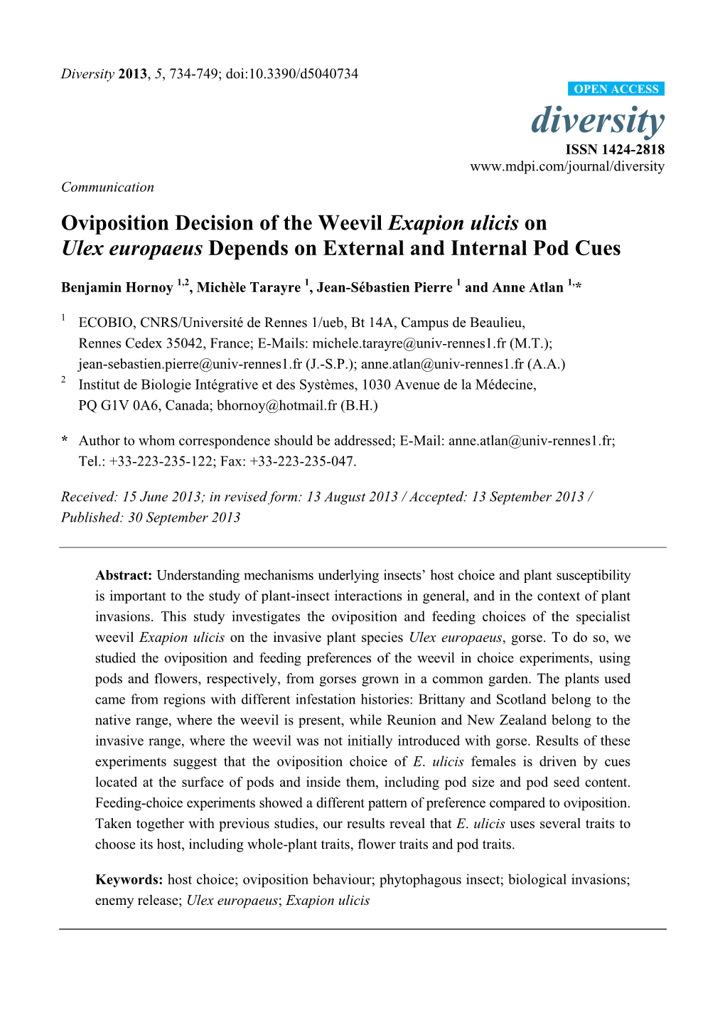 Oviposition Decision of the Weevil Exapion Ulicis on Ulex Europaeus Depends on External and Internal Pod Cues