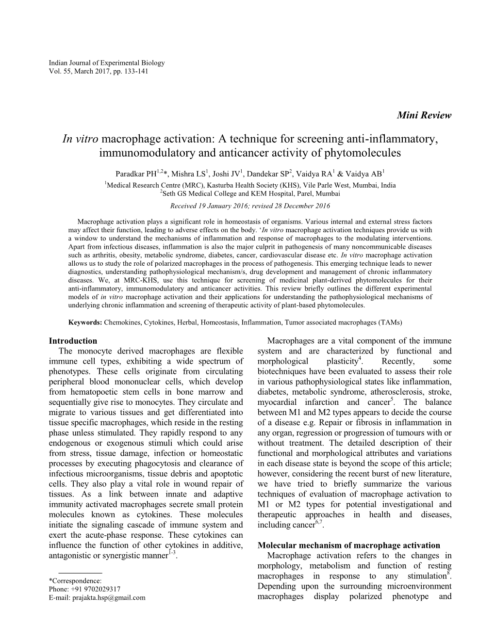 In Vitro Macrophage Activation: a Technique for Screening Anti-Inflammatory, Immunomodulatory and Anticancer Activity of Phytomolecules