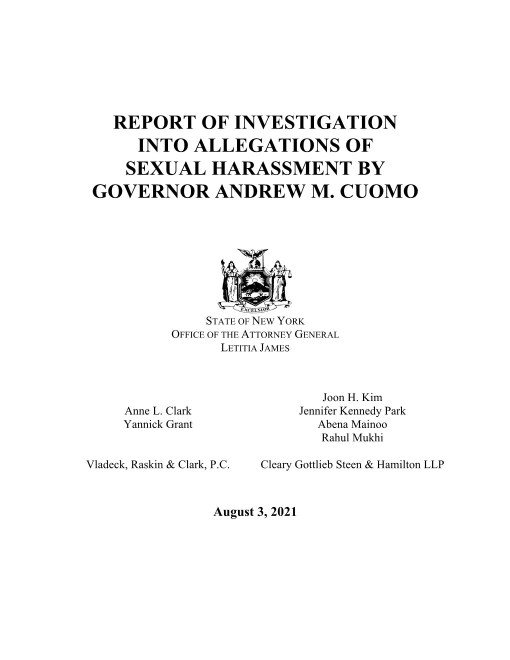 Report of Investigation Into Allegations of Sexual Harassment by Governor Andrew M. Cuomo