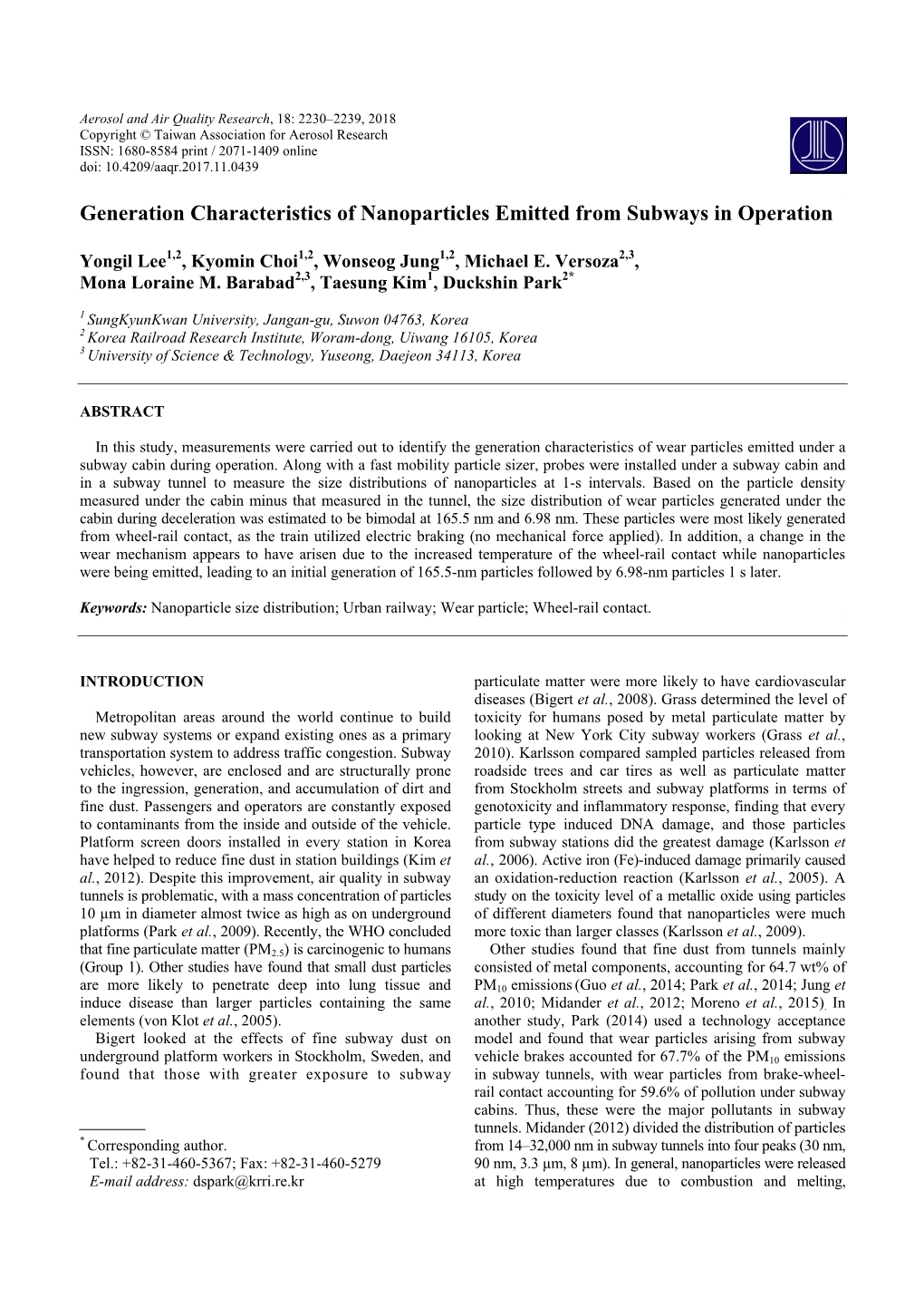 Generation Characteristics of Nanoparticles Emitted from Subways in Operation