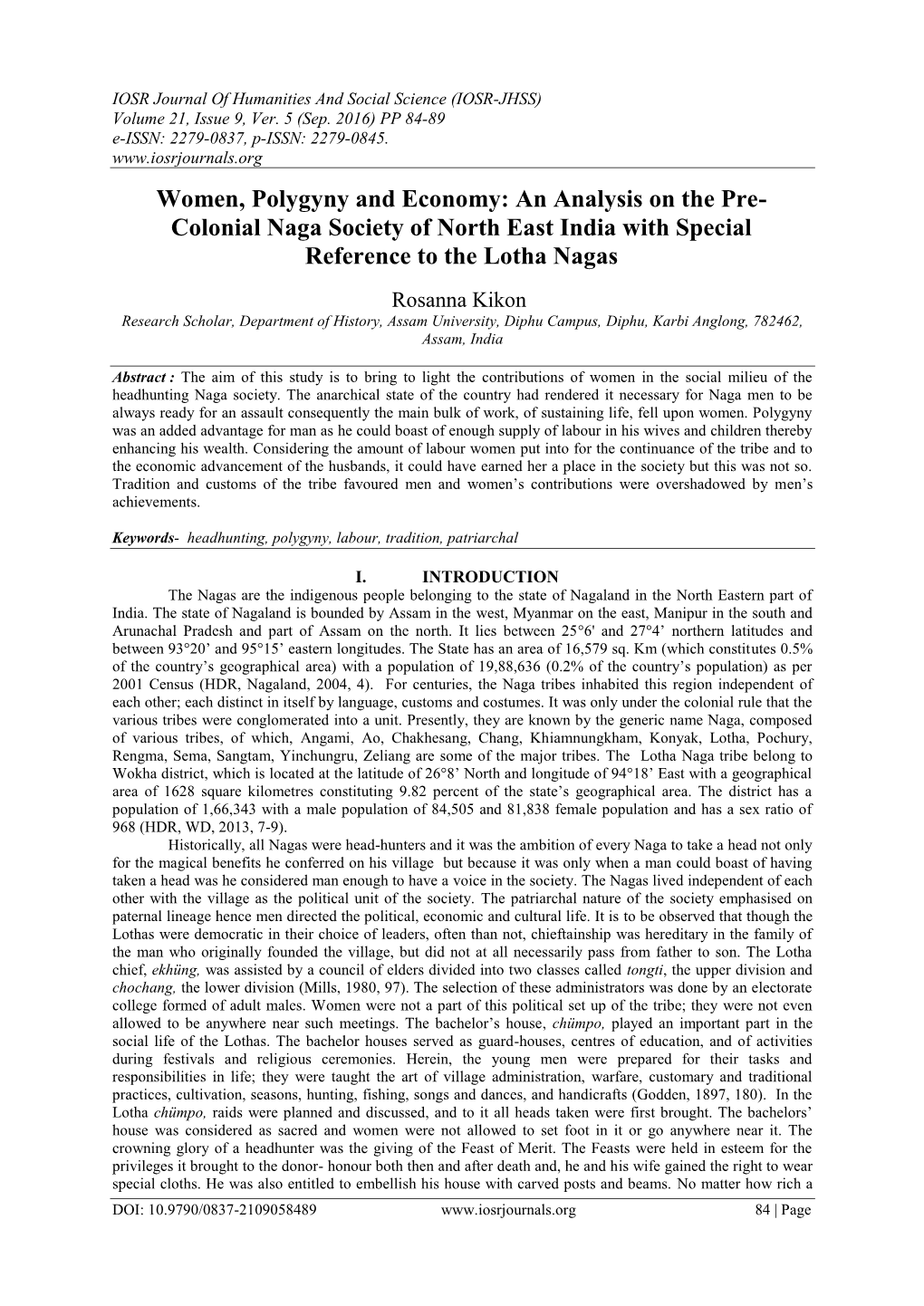 Women, Polygyny and Economy: an Analysis on the Pre- Colonial Naga Society of North East India with Special Reference to the Lotha Nagas