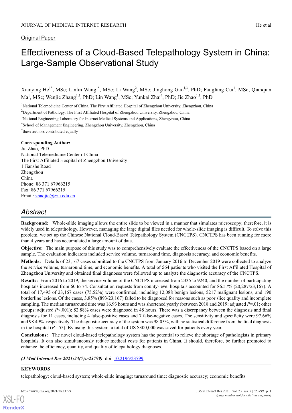 Effectiveness of a Cloud-Based Telepathology System in China: Large-Sample Observational Study