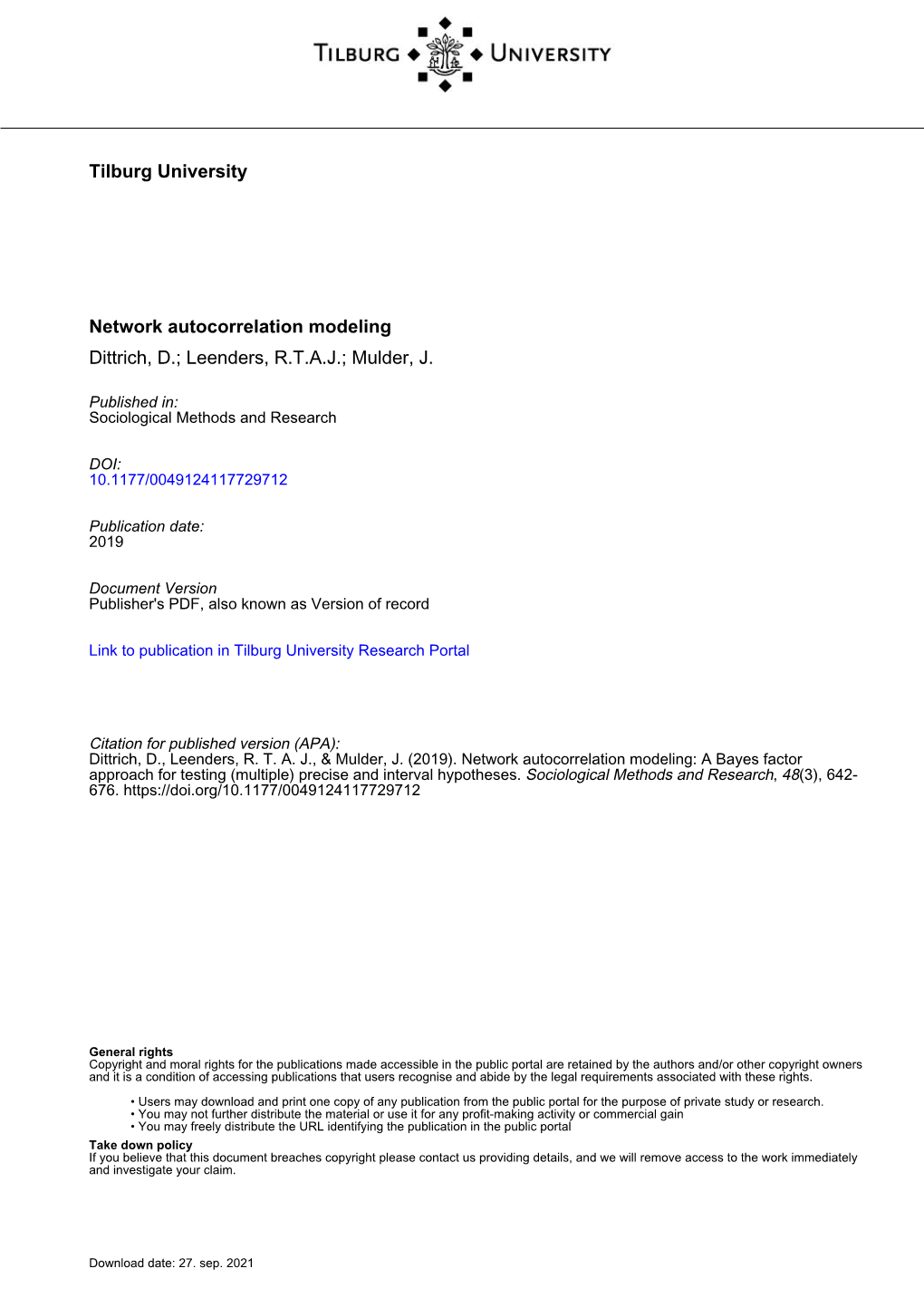 Tilburg University Network Autocorrelation Modeling Dittrich, D