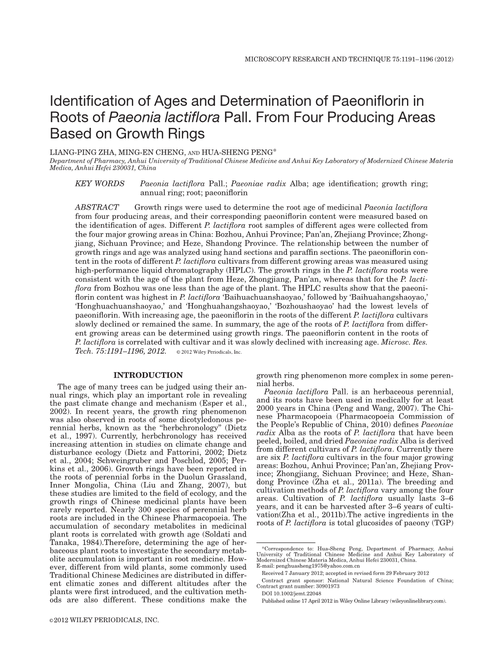 Identification of Ages and Determination of Paeoniflorin in Roots of Paeonia Lactiflora Pall. from Four Producing Areas Based On