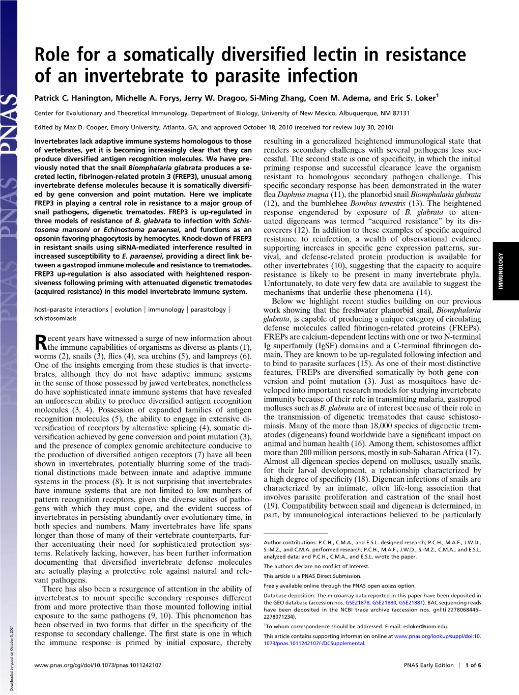 Role for a Somatically Diversified Lectin in Resistance of an Invertebrate To