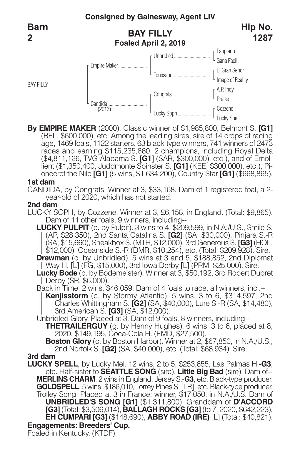 BAY FILLY Barn 2 Hip No. 1287