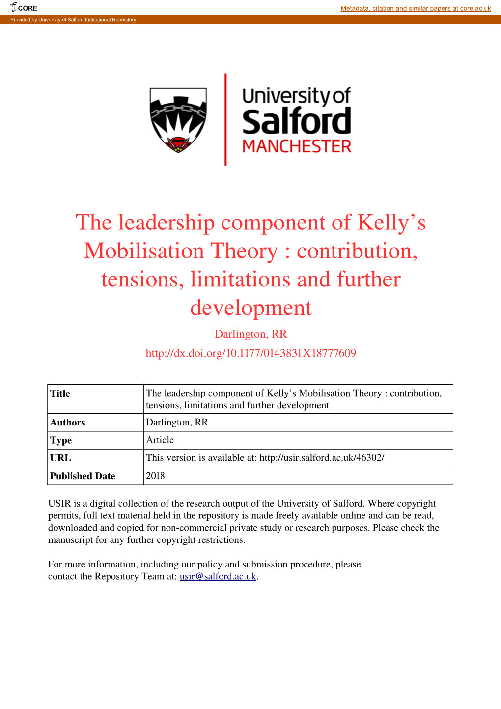 The Leadership Component of Kelly's Mobilisation Theory