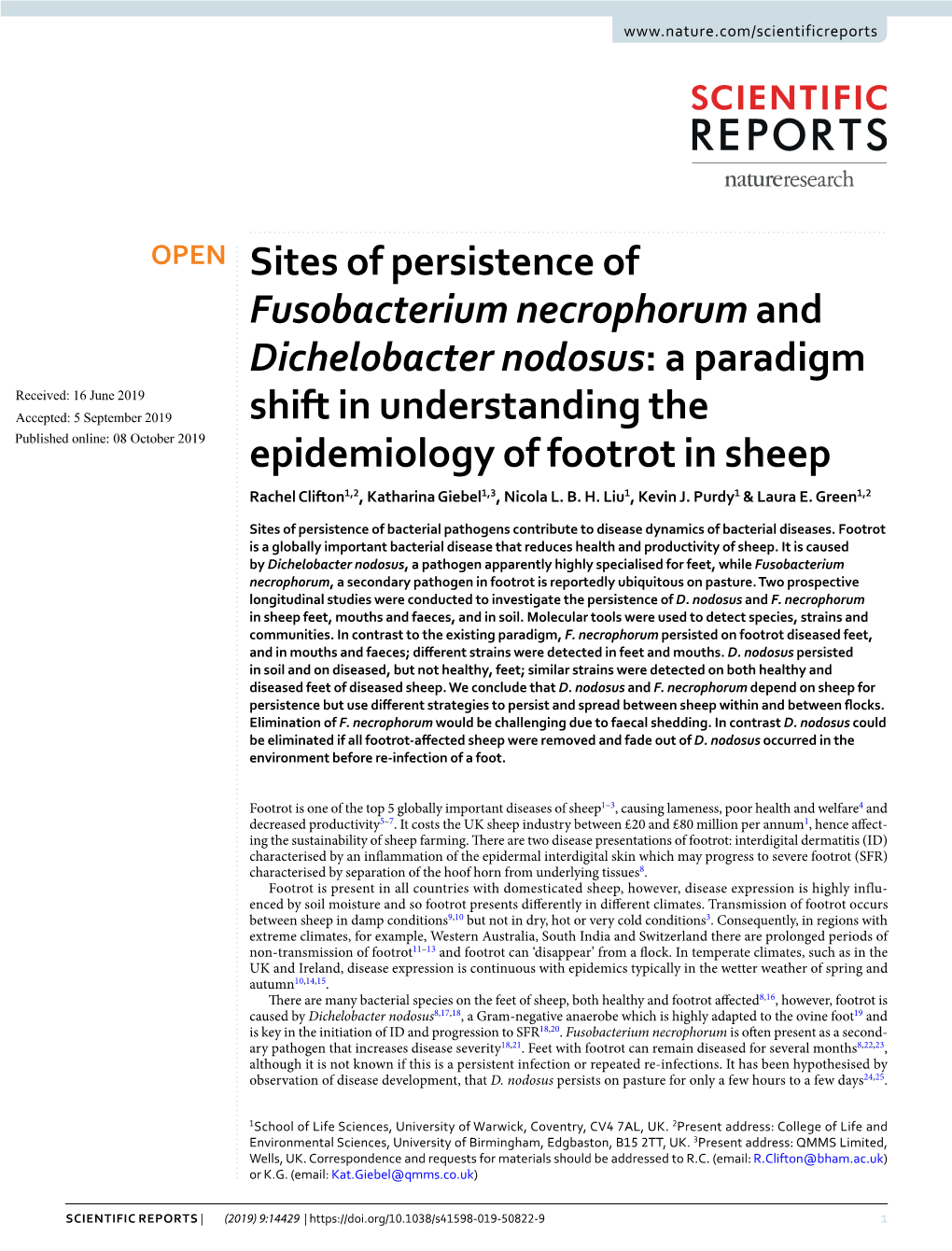 Sites of Persistence of Fusobacterium Necrophorum And