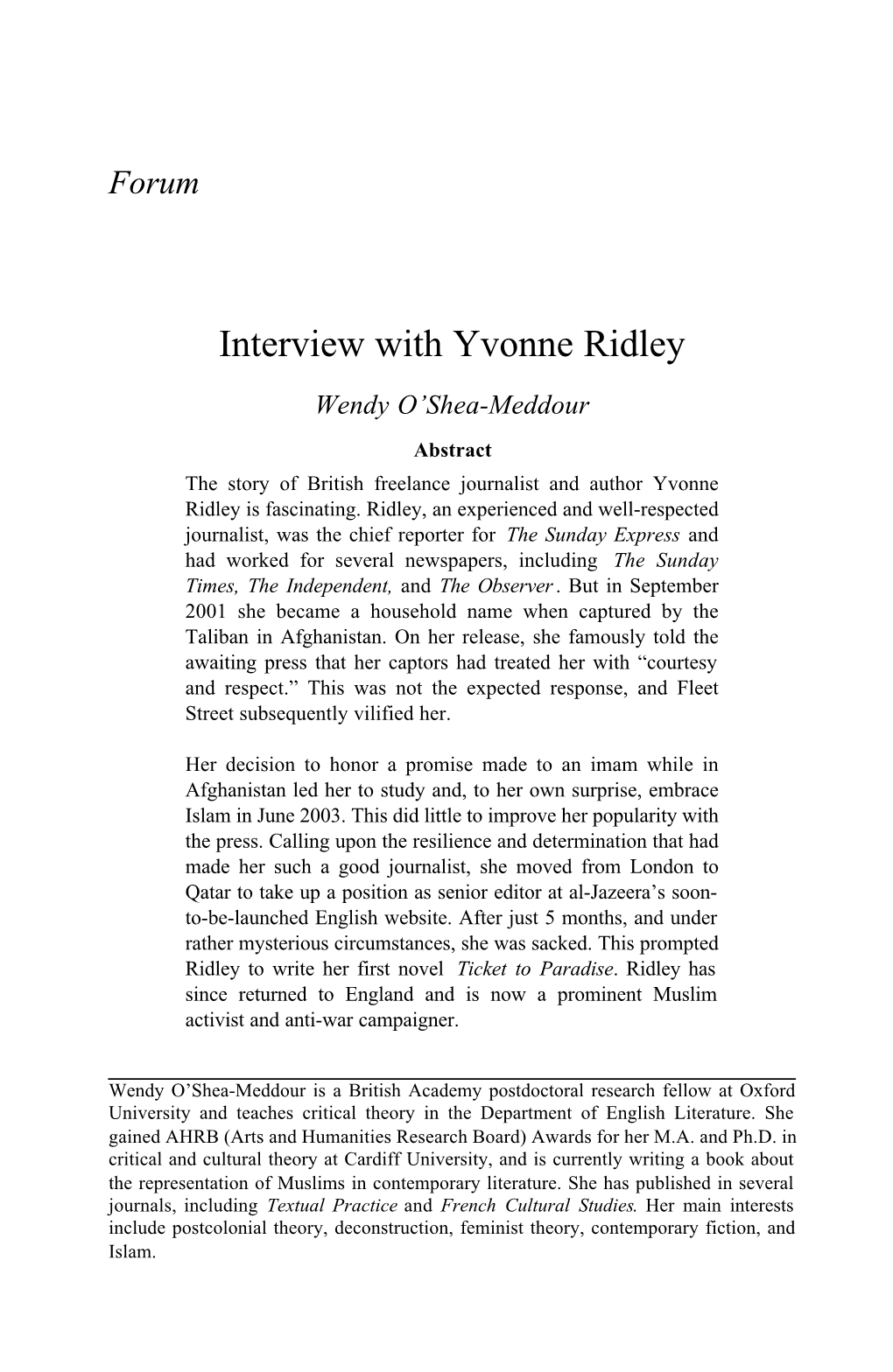 Interview with Yvonne Ridley