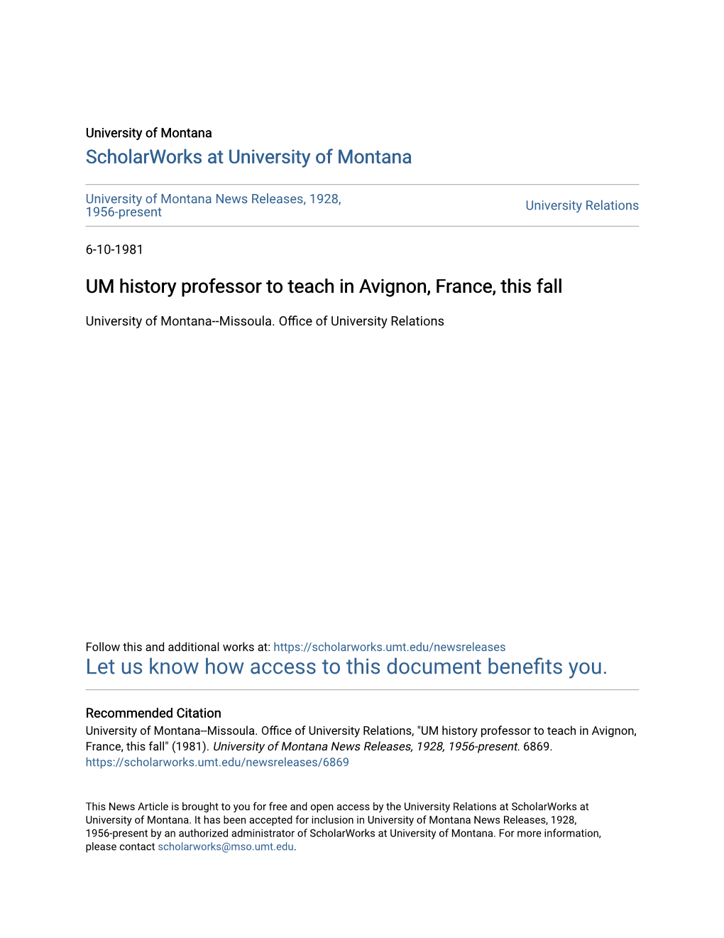 UM History Professor to Teach in Avignon, France, This Fall