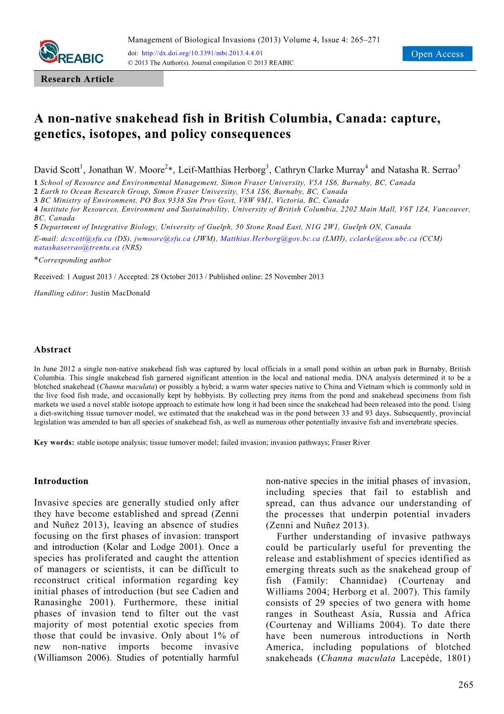 A Non-Native Snakehead Fish in British Columbia, Canada: Capture, Genetics, Isotopes, and Policy Consequences