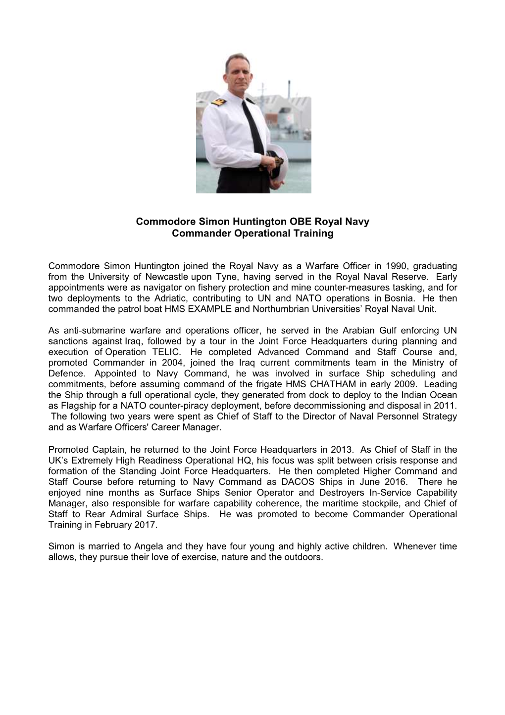 Commodore Simon Huntington OBE Royal Navy Commander Operational Training