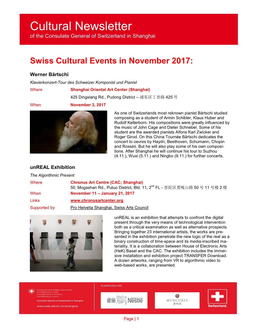 Swiss Cultural Events in November 2017