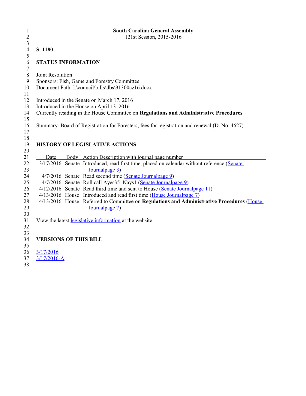 2015-2016 Bill 1180: Board of Registration for Foresters; Fees for Registration and Renewal