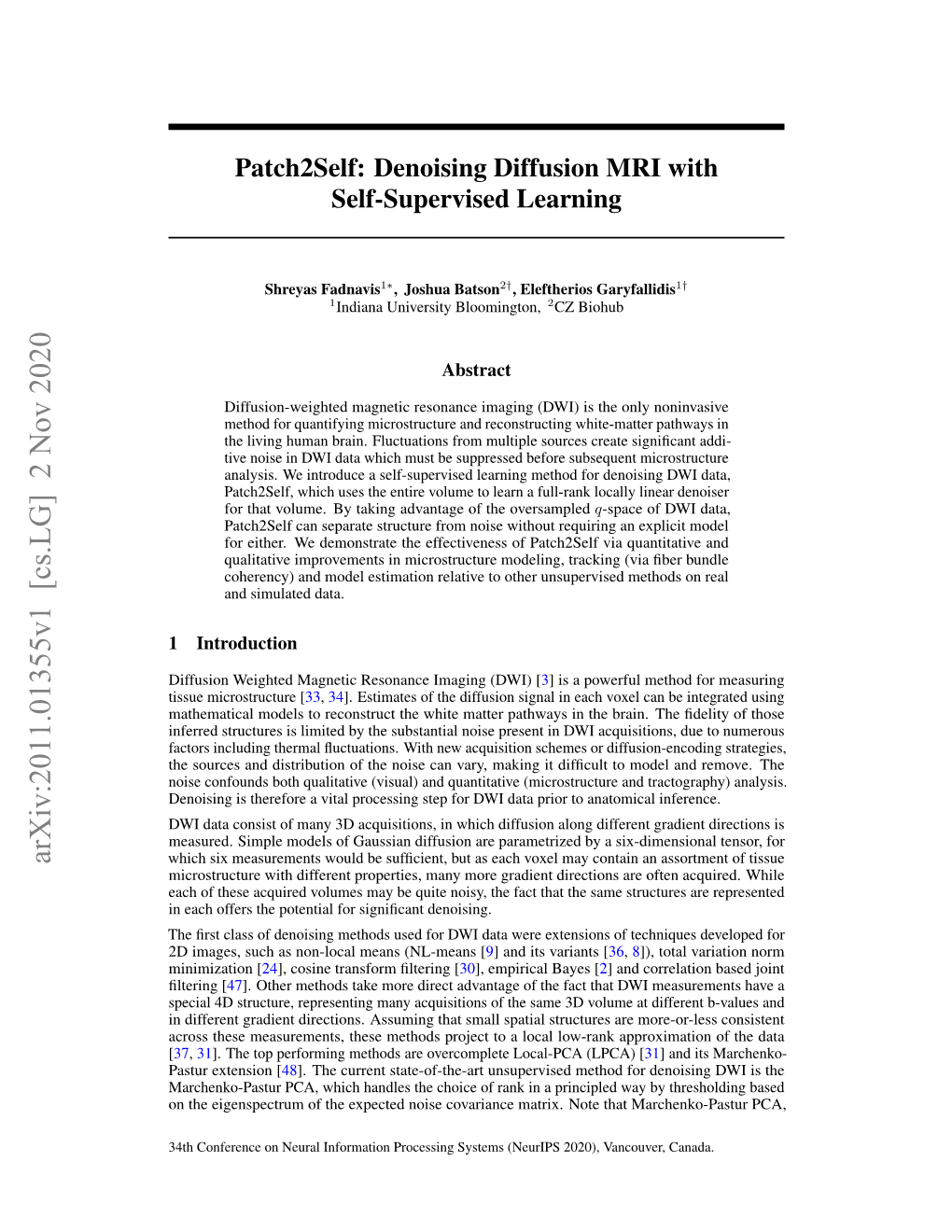 Patch2self: Denoising Diffusion MRI with Self-Supervised Learning