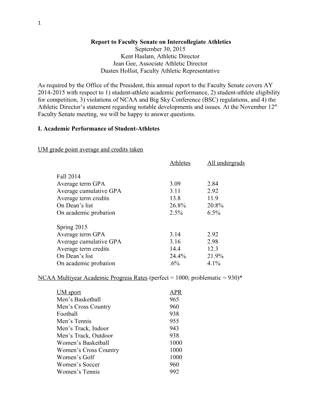 Report to Faculty Senate on Intercollegiate Athletics