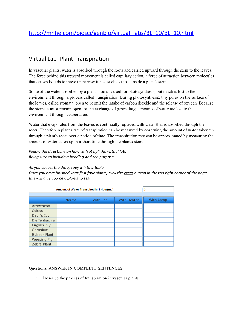 Virtual Lab- Plant Transpiration