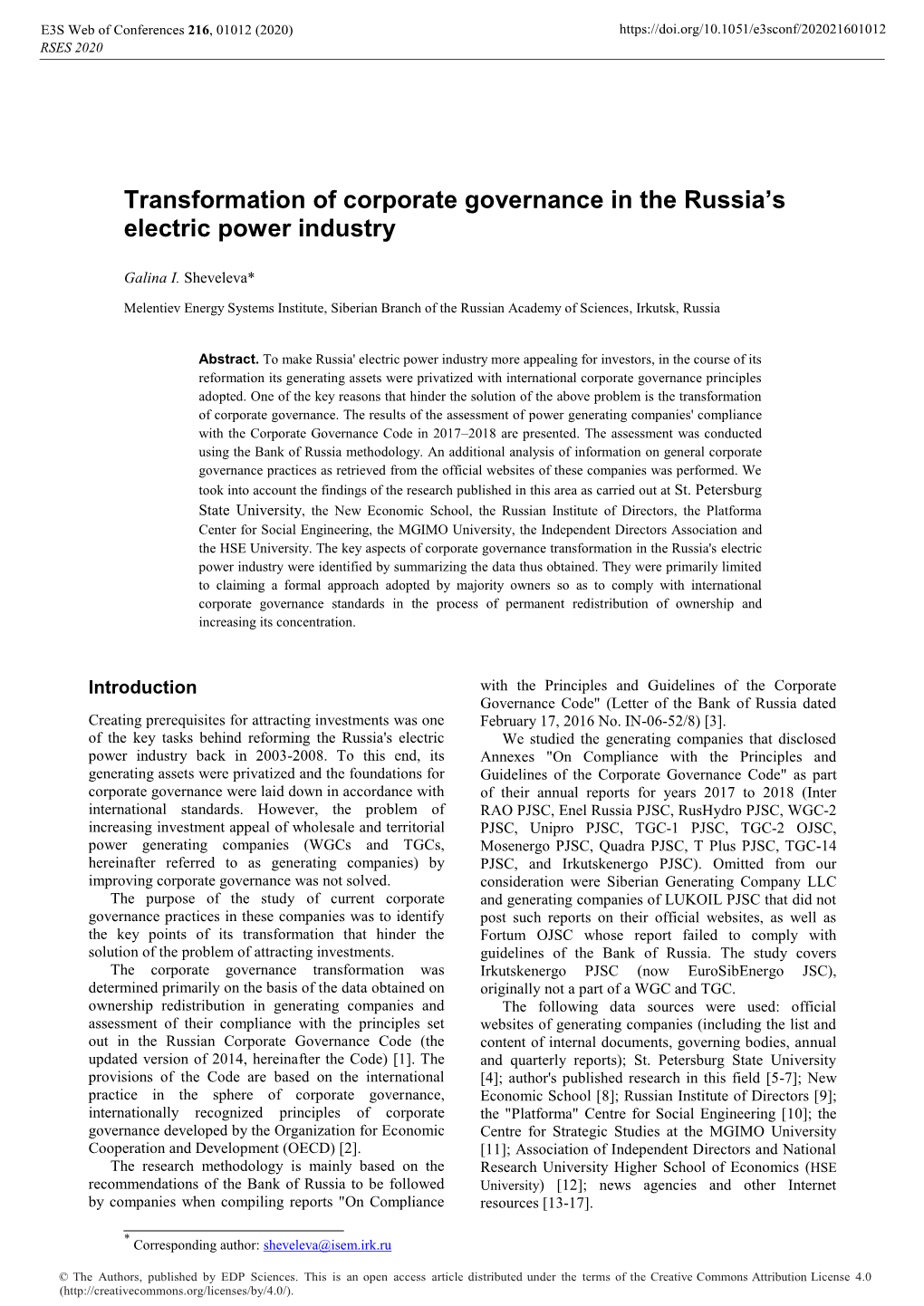 Transformation of Corporate Governance in the Russia's Electric