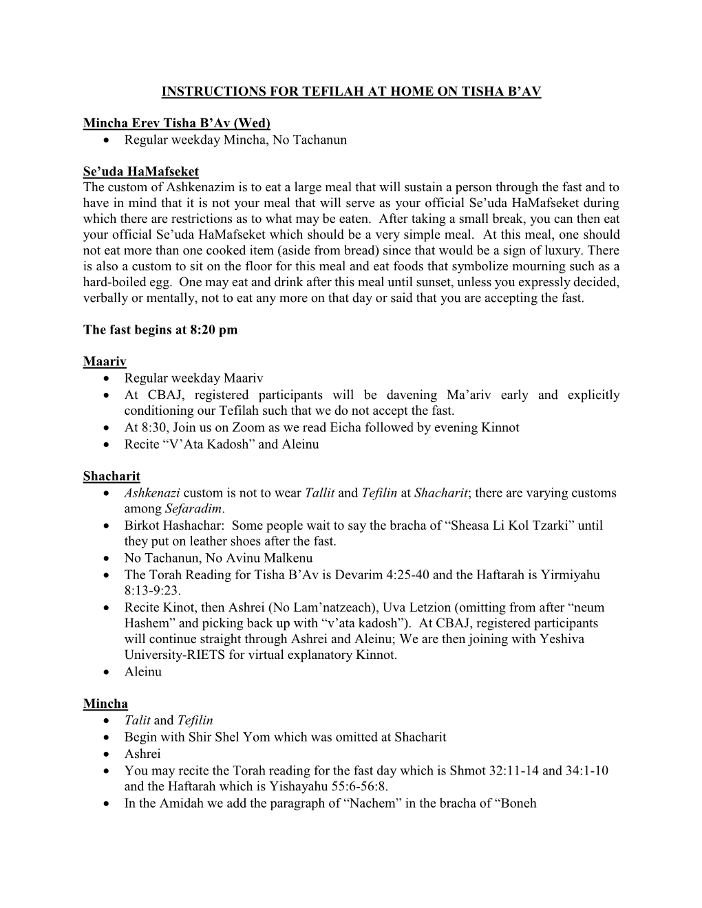 Instructions for Tefilah at Home on Tisha B'av